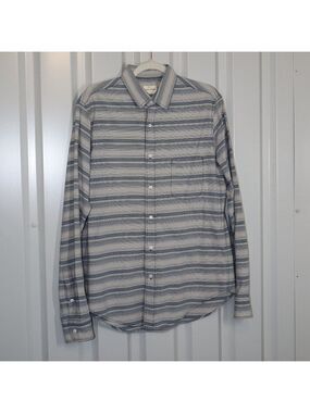 Simon Miller Mens Button Down Striped Cotton Twill Shirt Blue White Size XL